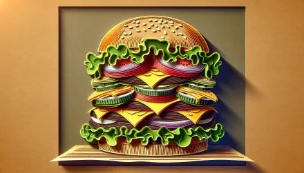 HD desktop wallpaper featuring a stylized cheeseburger with multiple layers of lettuce, cheese, and patties against a warm background.
