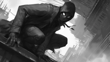 HD desktop wallpaper featuring the monochrome illustration of Spider-Man Noir perched atop a building, set against a backdrop of skyscrapers in a stylized comic-inspired cityscape.