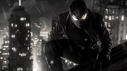 Spider-Man Noir crouches on a rooftop overlooking a cityscape at night, depicted in a stylish HD comic book wallpaper for desktop background.