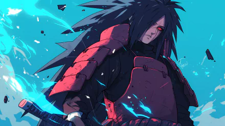 HD wallpaper featuring Madara Uchiha from Naruto, showcasing his Sharingan, set against a dynamic blue background.