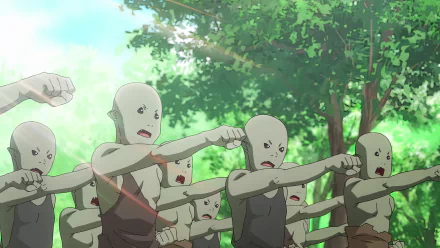 HD wallpaper of Re:Monster anime featuring a group of animated goblin characters in a forest setting for desktop backgrounds.