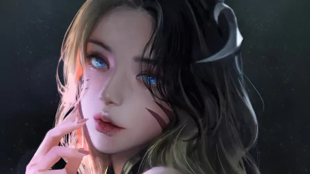 HD desktop wallpaper featuring Ahri from League of Legends, showcasing her captivating blue eyes and characteristic markings.