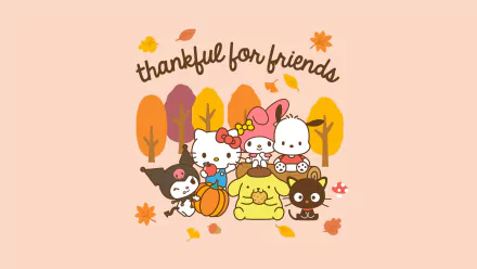HD desktop wallpaper featuring Hello Kitty, Kuromi, My Melody, and Pompompurin with autumn leaves and the message 'thankful for friends'.