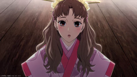 Anime character from YATAGARASU: The Raven featured in an HD desktop wallpaper with a wooden floor background.