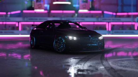 HD PC desktop wallpaper featuring a sleek black BMW from Forza Horizon 5, set against vibrant neon lights in a video game environment.