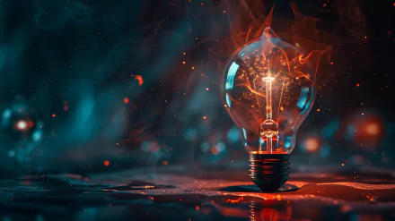 HD wallpaper of a glowing light bulb on a vivid blue and red abstract background.