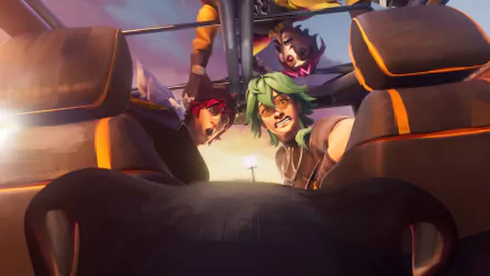 HD wallpaper featuring characters from League of Legends: Ezreal, Sett, and Kayn, with dynamic angles and vibrant colors, capturing an engaging moment in a vehicle setting.