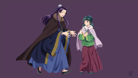 4K Ultra HD anime wallpaper featuring Jinshi and Maomao from The Apothecary Diaries, set against a simple purple background with detailed character designs.