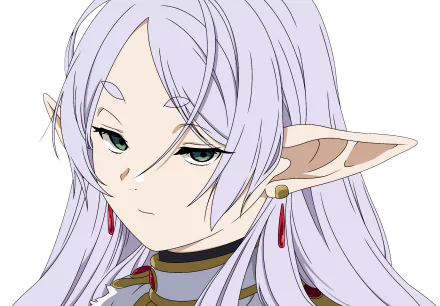 Anime HD PC wallpaper featuring Frieren from Frieren: Beyond Journey's End with long lavender hair, pointed ears, and a calm expression.