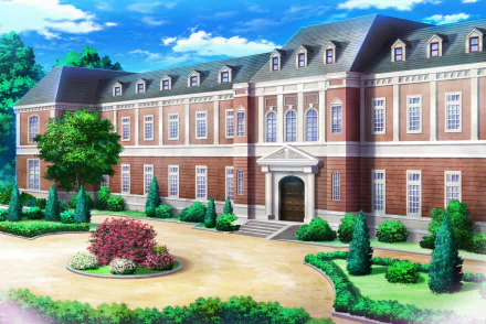 A detailed HD wallpaper featuring a grand mansion surrounded by lush greenery, inspired by the anime Vampire Dormitory. The elegant architecture adds a gothic charm to the scene.