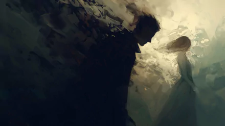 A poignant HD desktop wallpaper featuring an artistic depiction of a silhouette of a person facing away, symbolizing heartbreak, with a subdued and abstract background conveying a sense of loss and love.