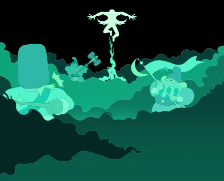 HD desktop wallpaper from the video game Let's! Revolution! featuring silhouetted characters with a greenish hue against a dark background, engaging in dynamic action.