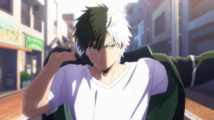 HD anime desktop wallpaper featuring Haruka Sakura from Wind Breaker, depicted walking confidently through a sunlit urban street with a jacket slung over his shoulders.