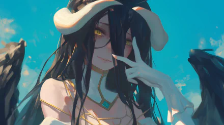 HD Anime wallpaper depicting Albedo from Overlord, smiling gently with a hand near her face, set against a soft-focus blue sky background.