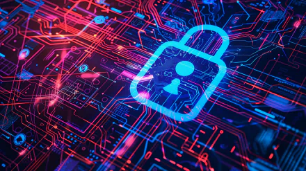 HD desktop wallpaper featuring a glowing padlock symbol over a complex circuit board background, representing cybersecurity and password protection technology.