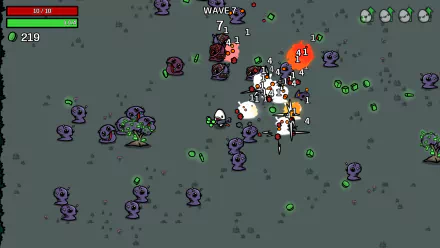 HD desktop wallpaper featuring a scene from the video game Brotato with a character battling against waves of alien monsters, displaying action and in-game stats.