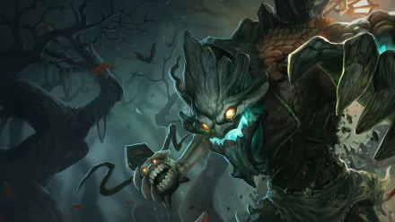 HD desktop wallpaper depicting Maokai, the twisted treant champion from the video game League of Legends, set against a moody, forested backdrop.