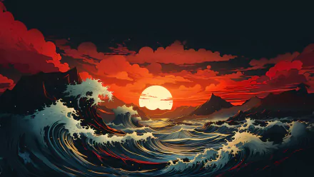 HD desktop wallpaper of a stylized ocean wave at sunset with silhouetted mountains in the background.