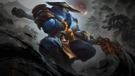 HD wallpaper featuring Jax, a samurai-inspired character from the video game League of Legends, in a dynamic battle stance with an obscured face beneath a wide-brimmed hat, set against a moody, fantastical backdrop.