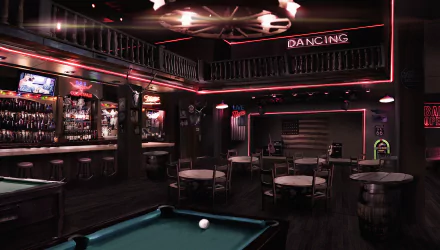 HD desktop wallpaper featuring an atmospheric interior scene from the video game Phantom Fury, showcasing a dimly lit bar with neon Dancing sign, pool table, and seating area.