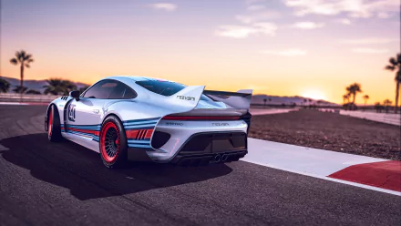 HD desktop wallpaper of a Rezvani Retro RR1 sports car parked on a racetrack at sunset, showcasing its modern and sporty design with a blue and white color scheme and red-accented wheels.