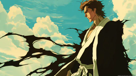 HD desktop wallpaper featuring Sōsuke Aizen from the anime Bleach, standing confidently against a backdrop of blue sky and fluffy clouds, with a stylized tree silhouette in the foreground.