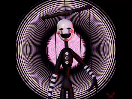 4K Ultra HD Five Nights at Freddy's 2 desktop wallpaper featuring the eerie Puppet character against a hypnotic spiral background.