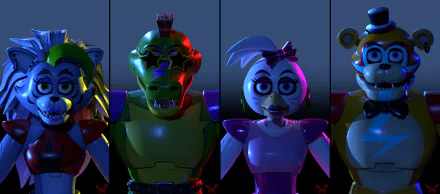 5 characters from Five Nights at Freddy's: Security Breach, showcased in vibrant lighting on an 8K Ultra HD PC desktop wallpaper.