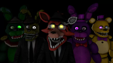 HD PC desktop wallpaper featuring characters from Five Nights At Freddy's 2 and Five Nights at Freddy's, showcasing animatronics in a dark, eerie setting.