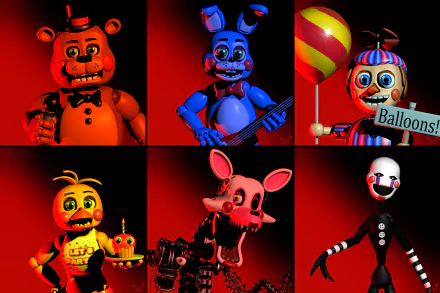 An 8K Ultra HD PC desktop wallpaper featuring six animatronic characters from Five Nights at Freddy's 2, showcased against a dark red background.