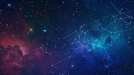HD digital wallpaper of a starry space scene with various constellations outlined against a colorful nebula background.