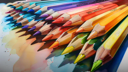 A vibrant array of colored pencils arranged in a row, with their points creating a colorful spectrum, suitable as a high-definition desktop wallpaper or background.