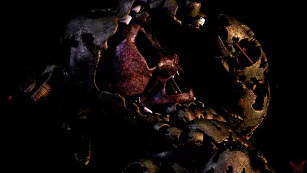 Decaying Springtrap animatronic from the video game Five Nights at Freddy's 3 in dark, dramatic lighting — 8K Ultra HD PC desktop wallpaper.