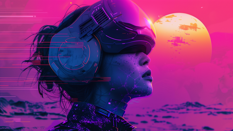 {{ A woman in virtual reality headset against a vibrant pink sunset, aesthetic HD wallpaper and background. 