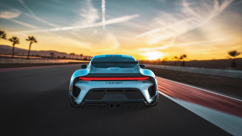 {{ HD wallpaper of a Rezvani Retro RR1 car speeding on a racetrack at sunset. 