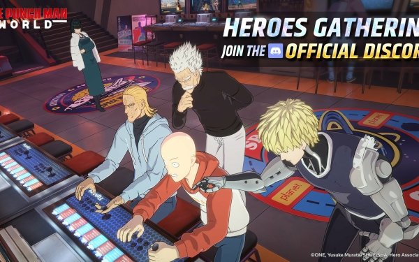 One Punch Man World HD wallpaper featuring characters Saitama, Genos, and others inside a control room with 'Heroes Gathering' text and an invitation to join the official Discord.