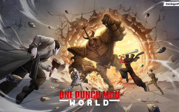 One Punch Man World HD video game wallpaper featuring dynamic battle scene with characters preparing to fight a giant enemy.