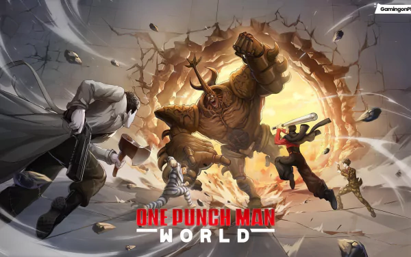 One Punch Man World HD video game wallpaper featuring dynamic battle scene with characters preparing to fight a giant enemy.