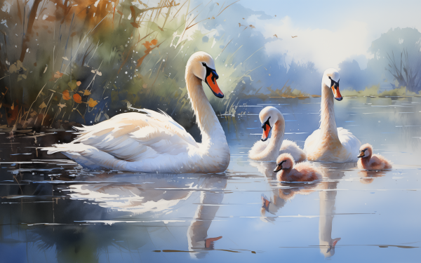 HD wallpaper featuring a serene family of mute swans with elegant white adults gliding on calm water and fluffy cygnets following, set against a soft, painterly backdrop of foliage and light reflections.