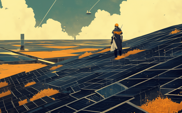 Dystopian future HD wallpaper featuring a lone figure standing amidst expansive solar panels with a dramatic sky backdrop.