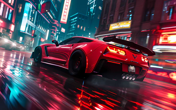 A striking red Chevrolet Corvette C7 speeds through a vibrant city at night, with reflections of neon lights illuminating the wet streets, creating a dynamic and energetic atmosphere.