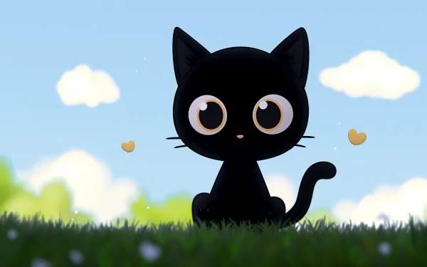 HD desktop wallpaper featuring Chococat, a cute black cat character from Sanrio, sitting on grass with a blue sky and fluffy clouds in the background.