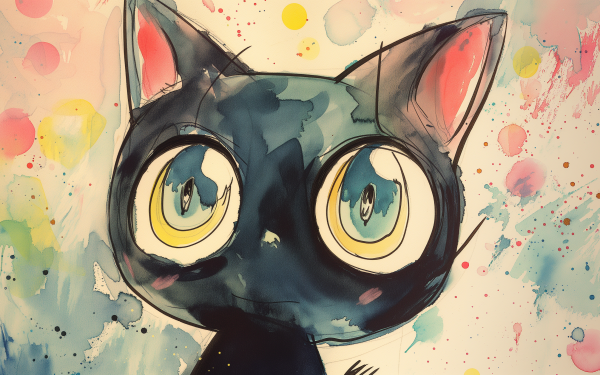 HD desktop wallpaper featuring Chococat, the whimsical black cat character from Sanrio, set against a playful backdrop with colorful paint splatters.