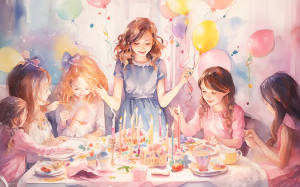 A joyful birthday party scene featuring girls celebrating with colorful balloons, cake, and candles, captured in a vibrant HD desktop wallpaper.