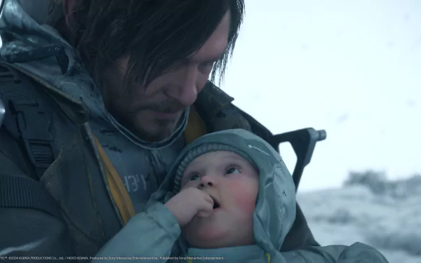 HD wallpaper of a scene from Death Stranding 2: On The Beach featuring a character holding a baby in a snowy environment.