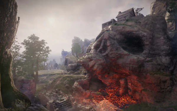 HD wallpaper featuring the mystical game world of Enshrouded with glowing lava and ancient ruins for a captivating desktop background.