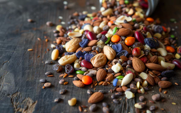 HD desktop wallpaper featuring an assortment of trail mix with nuts, seeds, and dried fruits on a wooden surface.