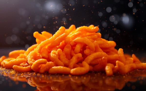 HD wallpaper of a vibrant pile of Cheetos against a dark, bokeh background.