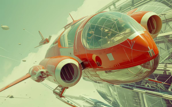 Retro futurism-inspired HD wallpaper featuring a vintage-style spacecraft with a clear bubble cockpit against a sky backdrop.