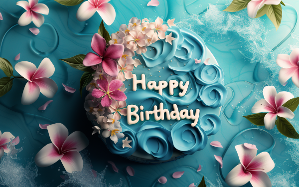 HD wallpaper featuring a decorative Happy Birthday cake with vibrant flowers, perfect for a birthday desktop background.